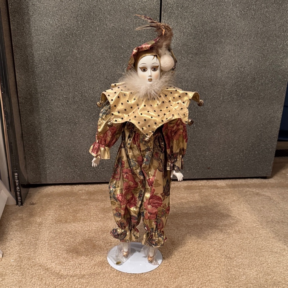 Elegant Harlequin Doll with Floral Costume